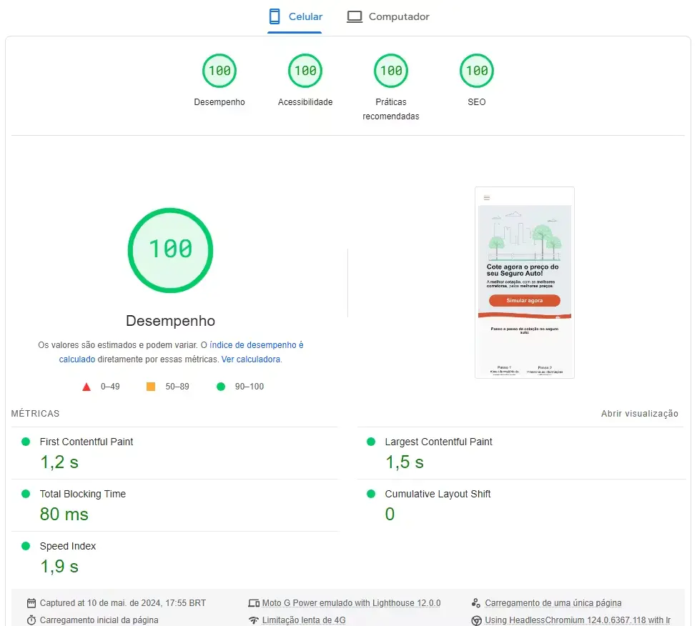 Resultado de la prueba de velocidad móvil en Google PageSpeed mostrando 100 puntos, confirmando la optimización de WordPress de Alto Rendimiento.