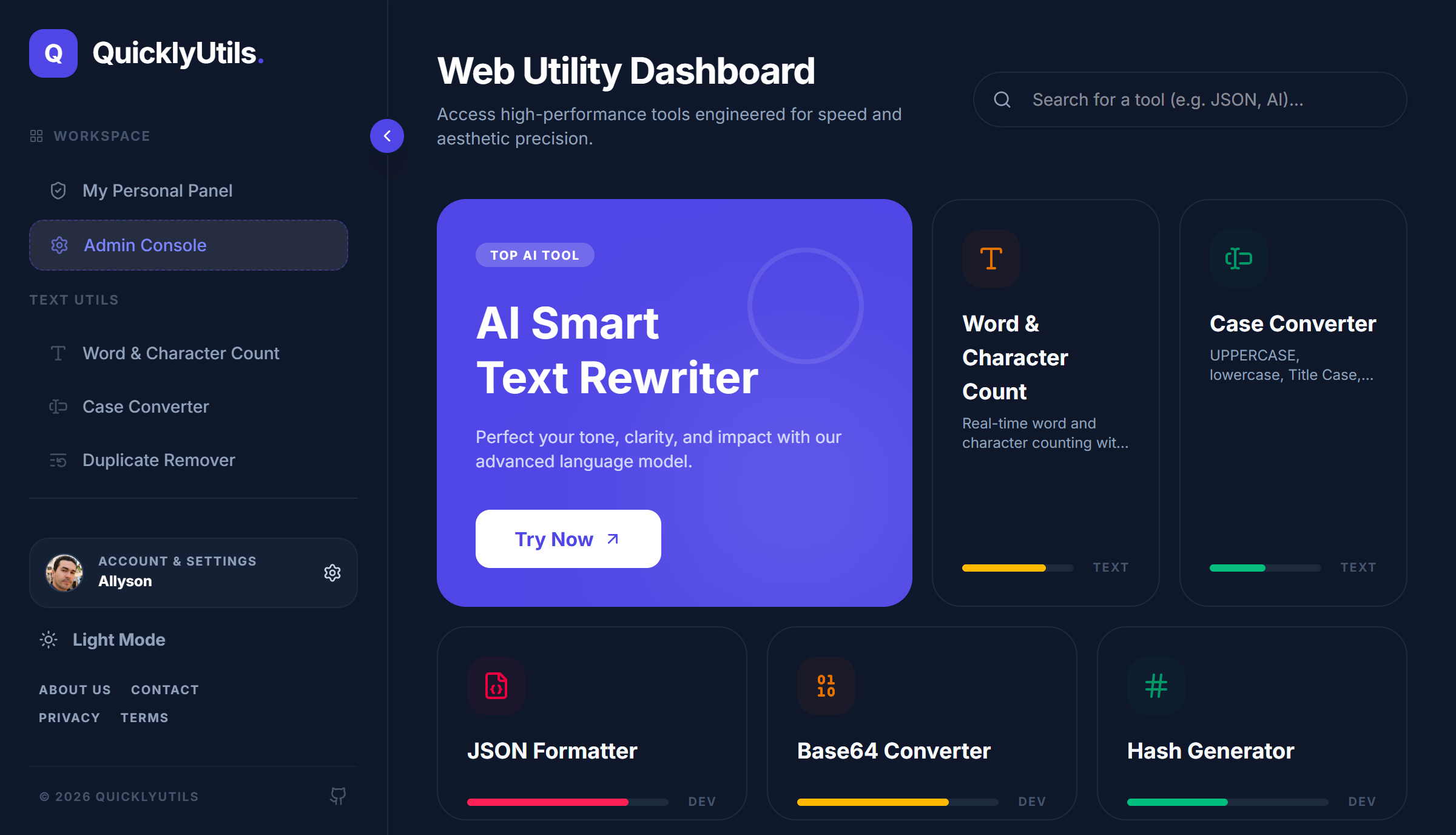 Vibe coding QuicklyUtils Dashboard Interface showing dark mode, a sidebar with navigation, and tool cards like AI Smart Text Rewriter, JSON Formatter, and Base64 Converter.
